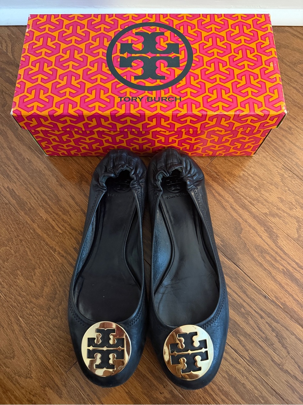 Tory Burch Reva Black Leather Ballet Flats with Gold Logo 10